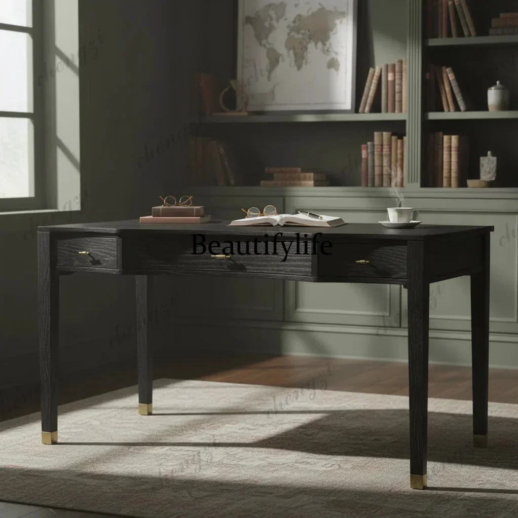 M178 Black minimalist solid wood desk writing desk simple retro desk living room workbench