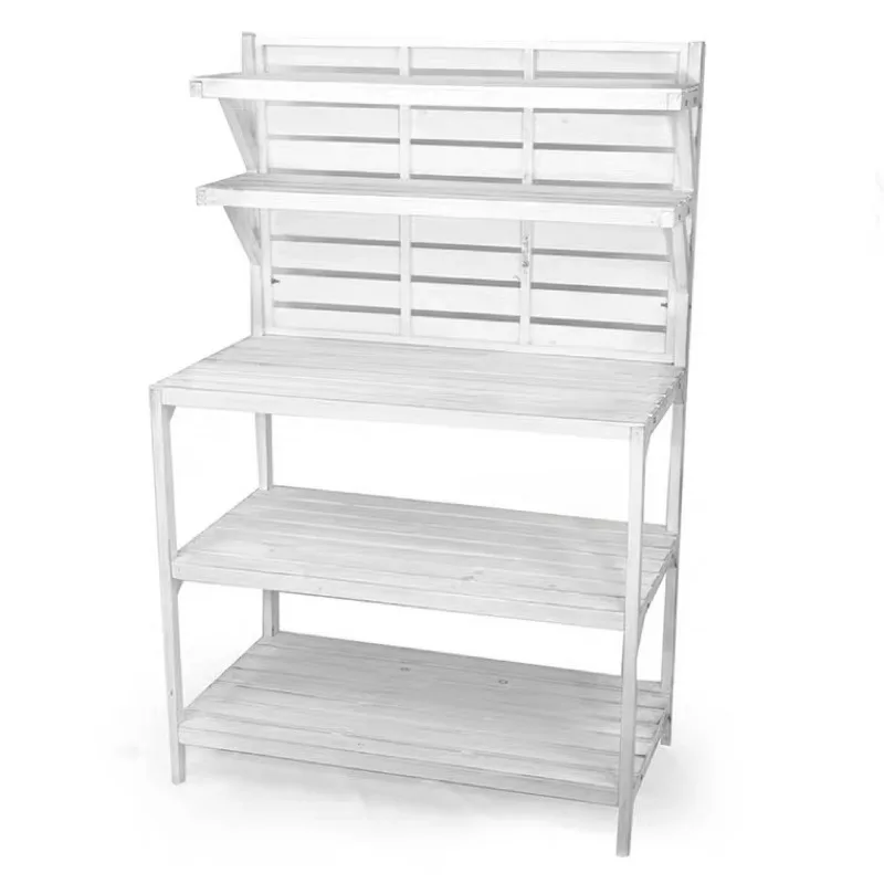 American country gardening console, outdoor retro old wood gardening table, gardening tools storage and placement