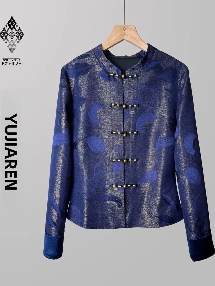 

Autumn Winter Blue Gold Long Sve Thi Silk Tang Suit ort Outerwear High End Chinese Sle Fly Ele Women...