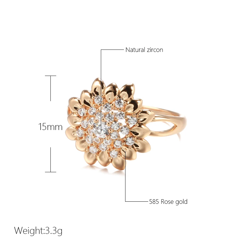 Wbmqda Full Zircon 585 Rose Gold Color Crystal Sun Flower Rings For Women  Luxury Retro Jewelry Daily Match Fine Accessories