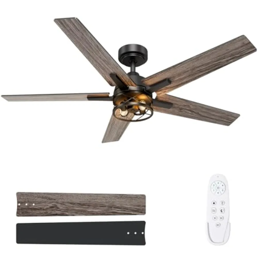 

52 Inch Black Caged Ceiling Fan with Lights and Remote for Bedroom, Farmhouse, Living Room: Reversible, 3CCT, Dimmable, Noisele