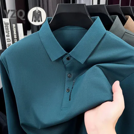 Autumn Mens Business Polo Shirts Long Sleeve Lapel Design Wrinkle Free Stretch Material Button Placket Casual Male Apparel