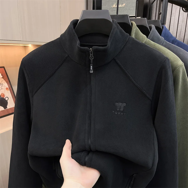 Autumn Winter Soft Men's Zip Solid Color Original Stand Collar Jacket Warm Long Sleeve Casual Tops Advanced Outerwear Men's Wear