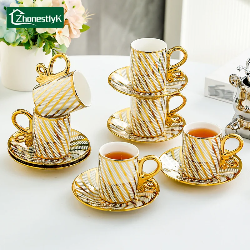 6Pcs European Style Light Luxury Ceramic Coffee Cups with Dish Gold Edged Office Mug Afternoon Tea Cup Set Household Drinkware