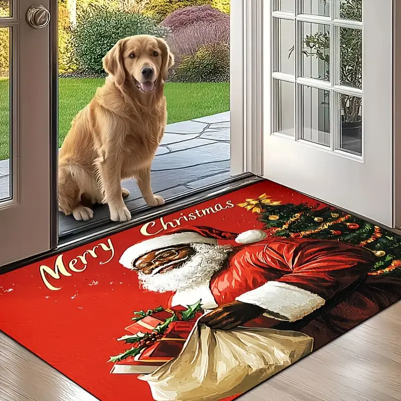 VIKAMA Merry Christmas Santa Doormat African American Santa Welcome Mat Non Slip Flannel Floor Rug for Front Door Xmas Holiday