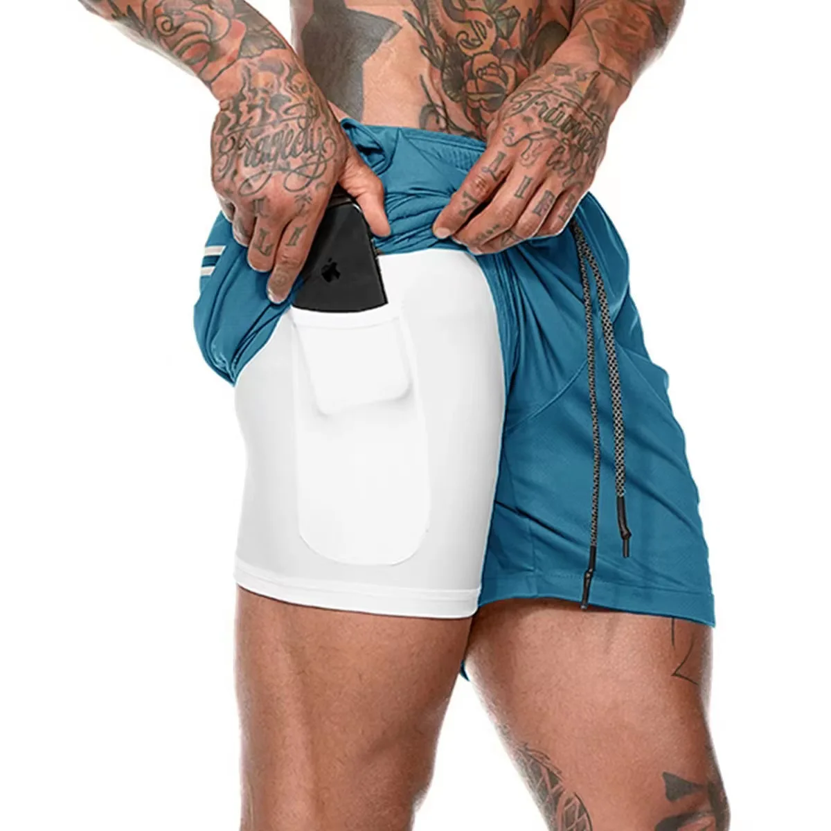 2025 Summer New Men Double Layer Running Shorts Track and Field Quick Drying Breathable Fitness Marathon Training Beach Pants