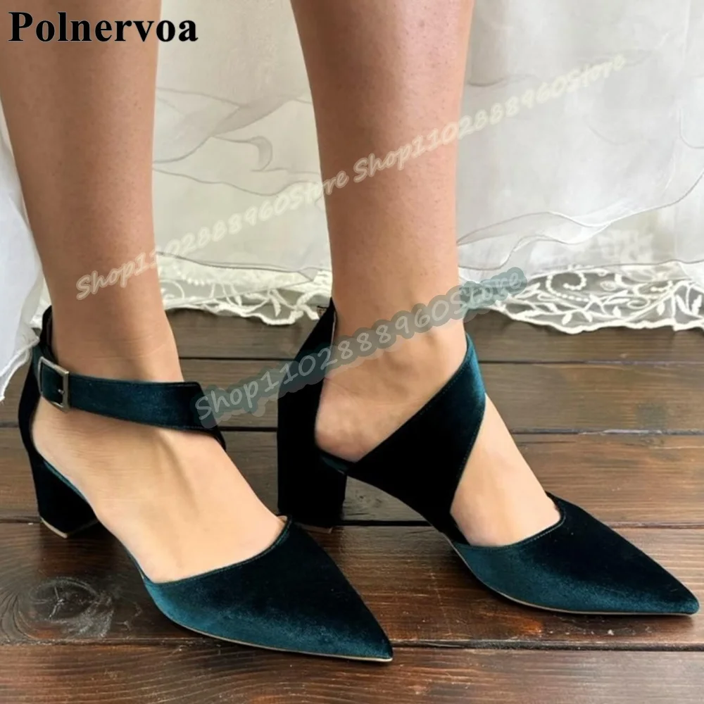 

Luxury Solid Suede Pointy Sandals Block Heel Shoes For Women Buckle Strap Pointed Toe Banquet Fashionable Zapatos Para Mujer