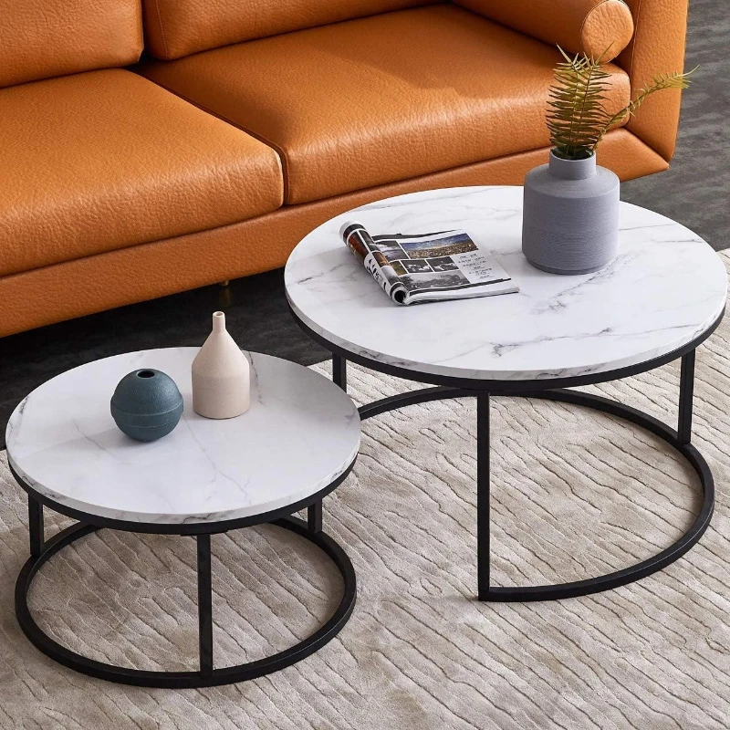 Contemporary Round Nesting Coffee Table Bent Black Gold Metal Side Glass Marble Stone mdf Wood Nest of 3 Table Set Nesting Table