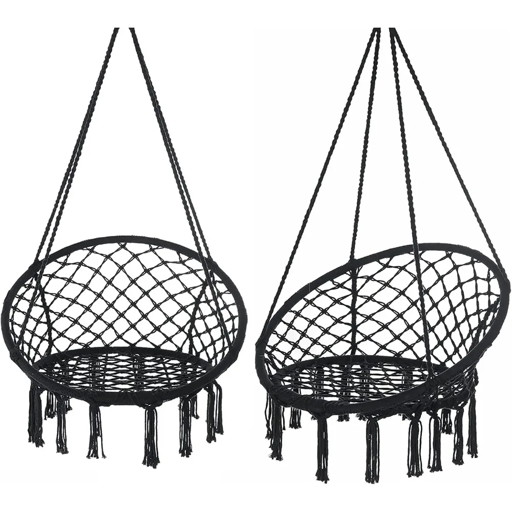 

Chair Macrame Swing Set of 2 Bohemian Style Hammock Swing Chair with Tassels Hanging Swing Chair Handmade Knitted Cotton Rope