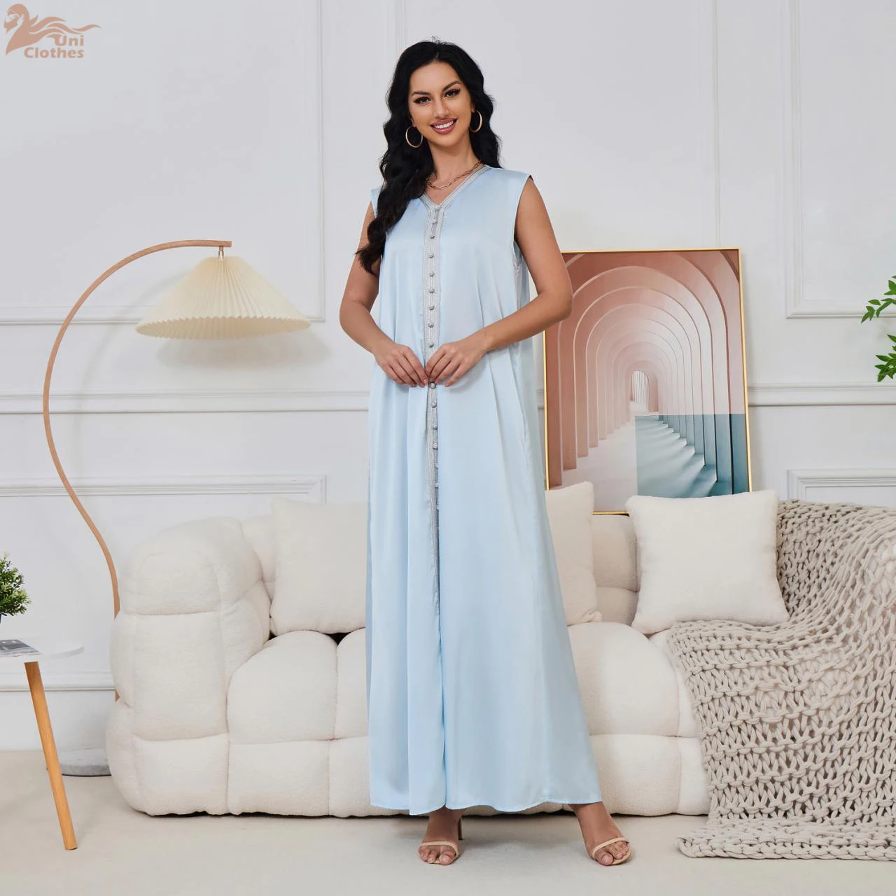 

Uni Luxury Dubai Abaya Embroidery Party Women Muslim Two-Piece Set Kimono Coat Beaded Caftan V-Neck Dress Islam Clothing