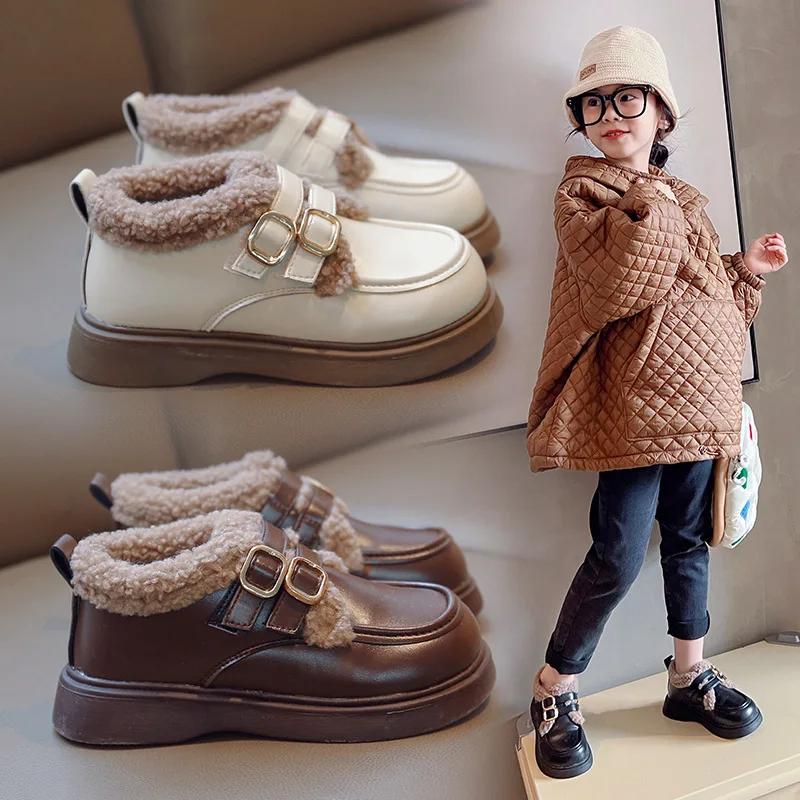 Winter Girls School Shoes Child Retro Black Beige Brown Princess Fur Shoes Kids All-match PU Leather Little Girl Footwear