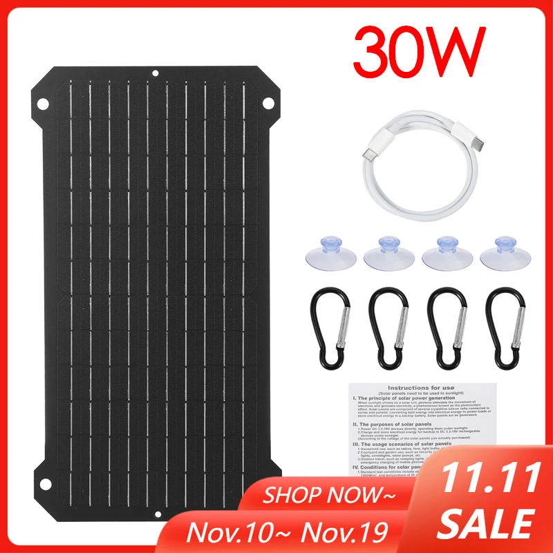 

Солнечная панель с выходом Type-C/USB, 30 Вт, уличная портативная гибкая монокристаллическая солнечная зарядная панель, аккумулятор для телефона