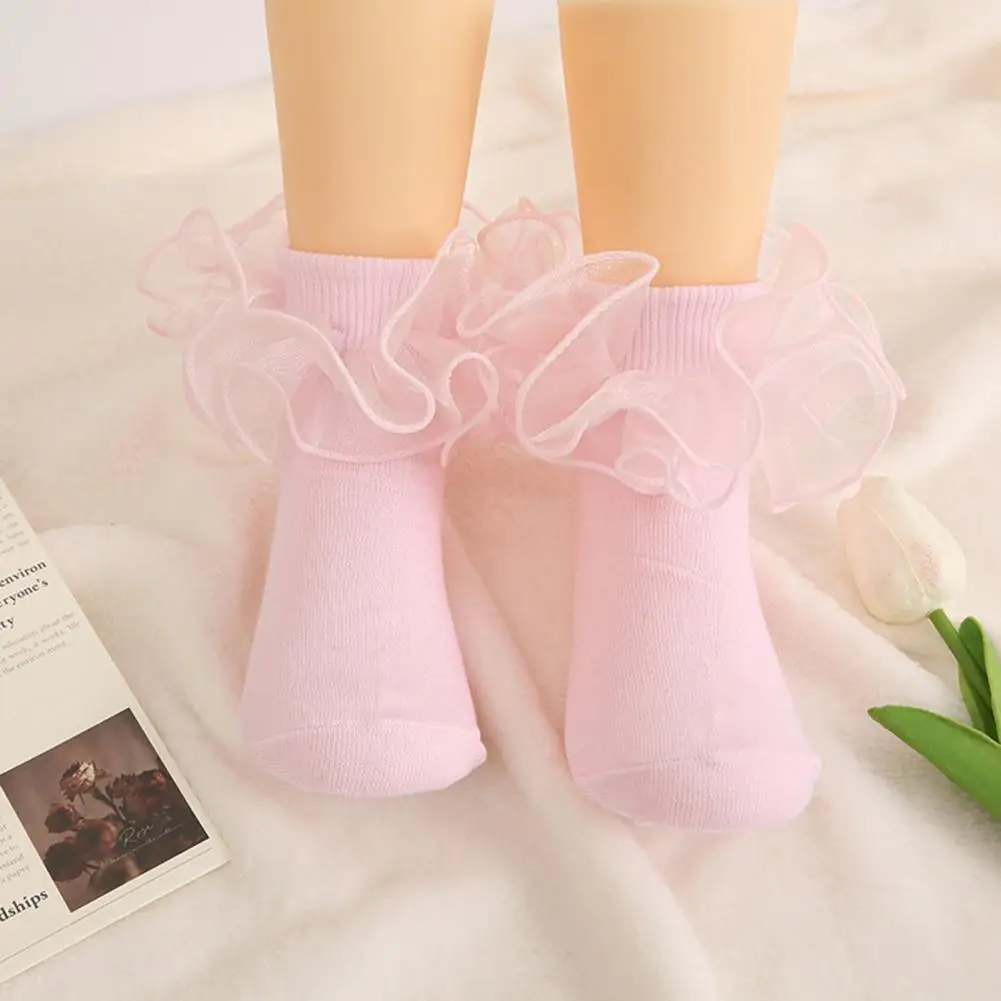 Children's Socks Girls Lolita Princess Style Floral Lace Decor Solid Color Elastic Anti-slip Ballet Dancing Performance Socks