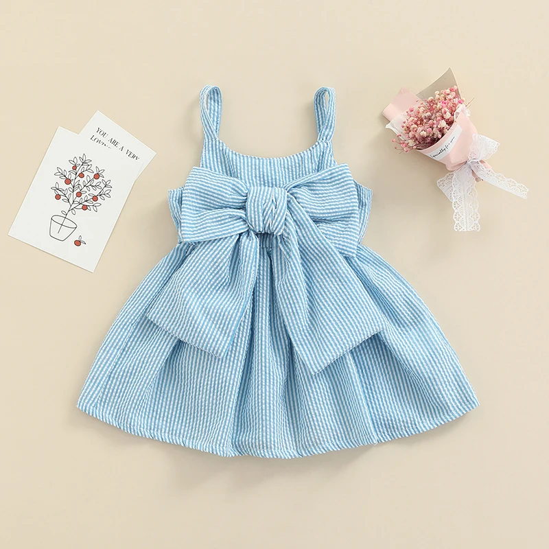 New Baby Girls Sleeveless Dress Front Bowknot Stripe Sling Summer Romper Princess Casual Jumpsuit 3 Months-3 Years