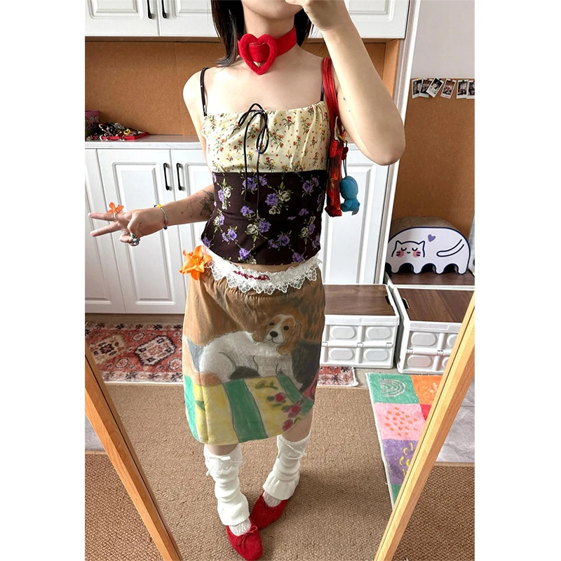 Y2K Cartoon Print Mini Skirt Women Japanese Harajuku Lace Hip Wrap Skirts Summer Vintage Streetwear Grunge Design A Line Faldas