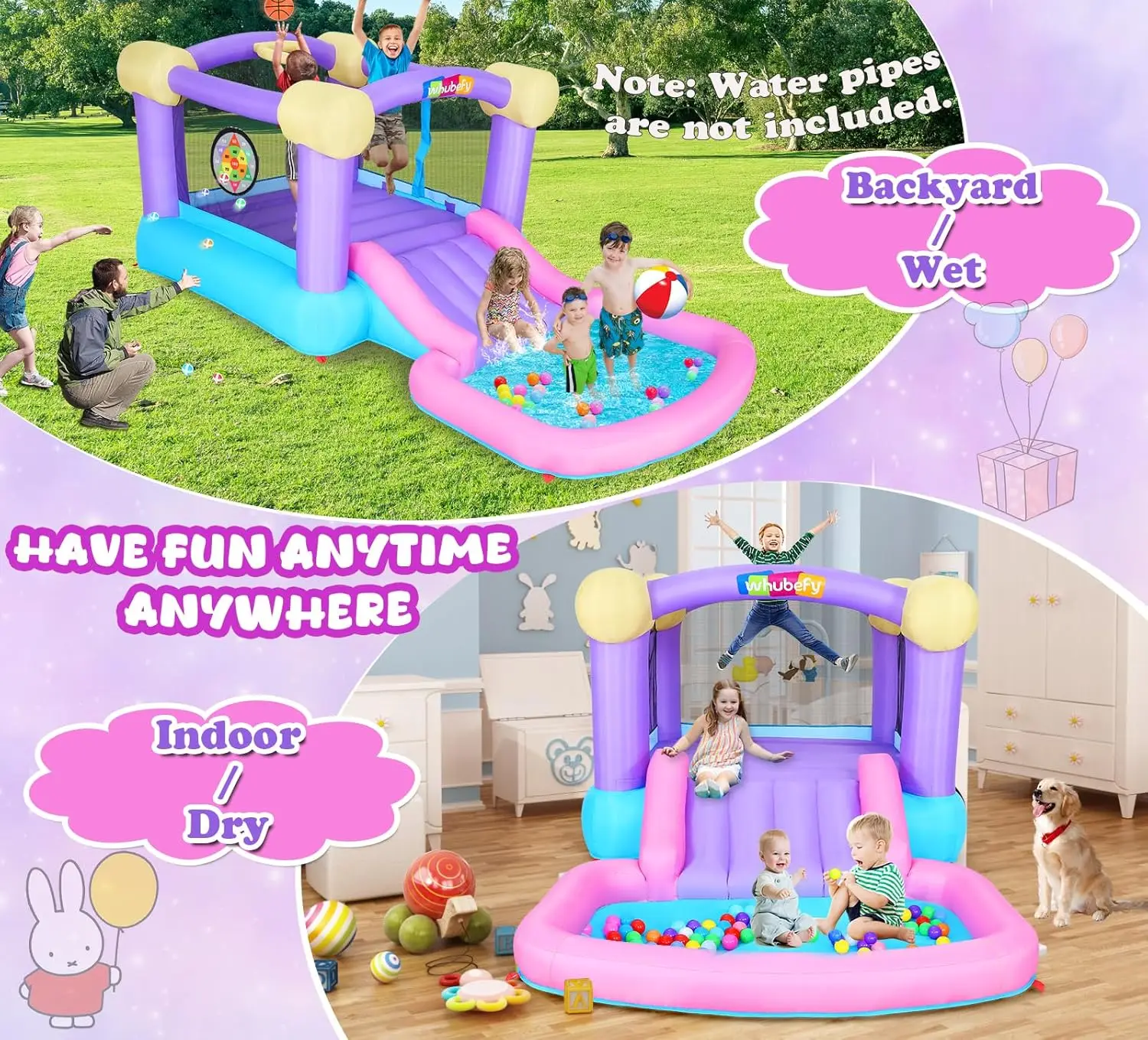 Casa di rimbalzo gonfiabile per bambini 3-6 con buca per palline e tavola per freccette-casa di rimbalzo dell'acqua per bambini Jump 'n Slide Park per Outdo al coperto