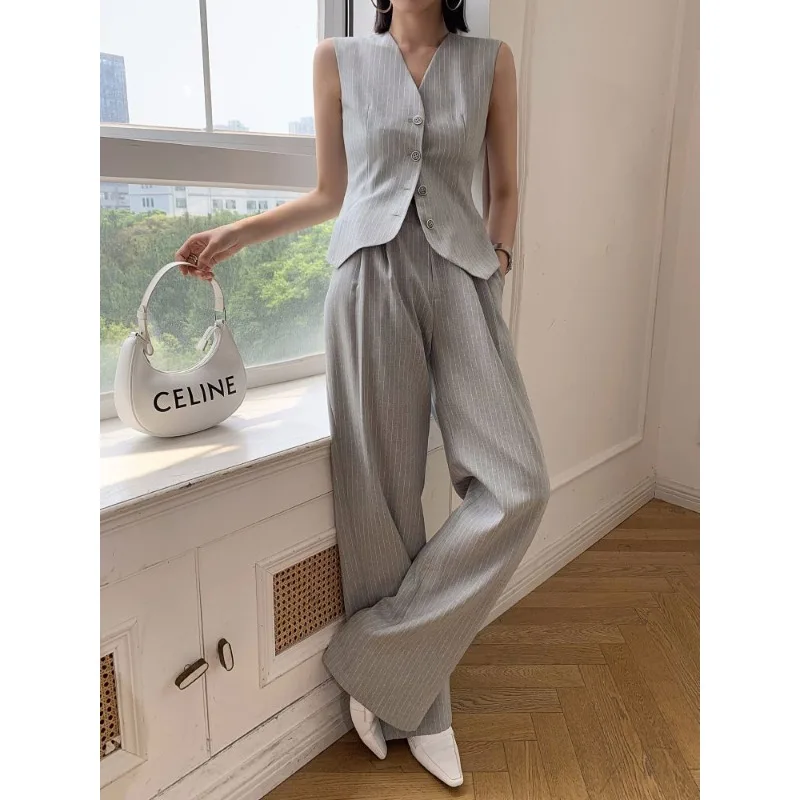 

Striped V-neck Sleeveless Suit Vest Top Women High-waisted Wide Leg Pants Vent Skirt Summer Lady Slim Elegant Premium Two Pieces
