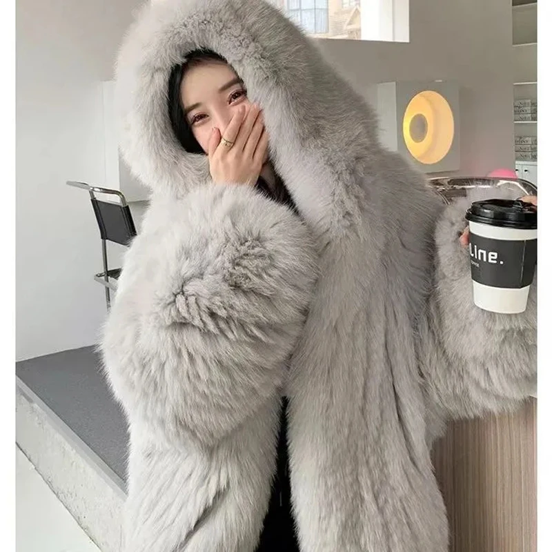 Faux Fox Fur Jacket for Women, Loose Hooded Overcoat, Double-Sided Woven Fur Coat, Bat Sleeve, Autumn Winter Fashion, New, 2023