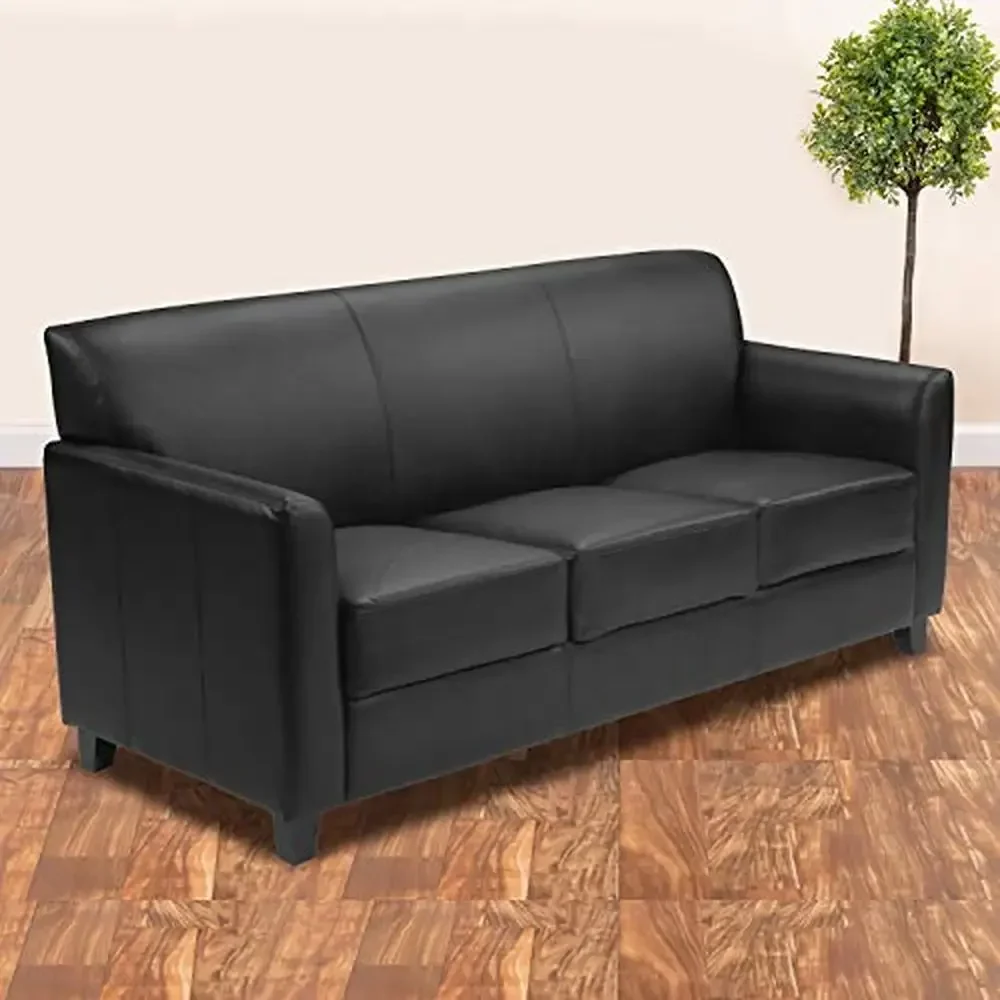 Black LeatherSoft Plush Sofa with Hardwood Frame Construction and CAL 117 Fire Retardant Foam Contemporary Reception Sofa 70