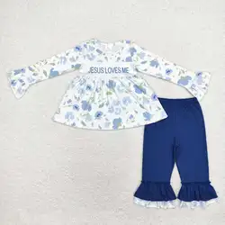 RTS Baby Girls Toddler Wholesale Blue Flowers Jesus Long Sleeve Top Kids Pants Boutique Ruffles Holiday Outfits Clothes Sets