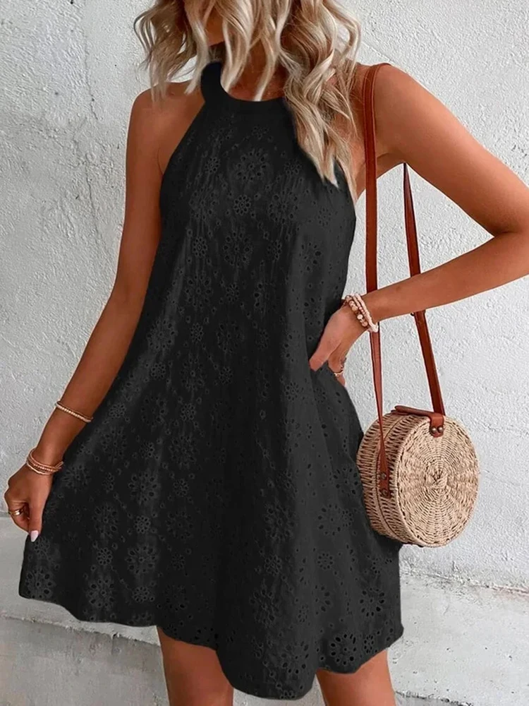 Summer Halter Loose Mini Dress Women Elegant 2024 Lace Sleeveless Casual Holiday Party Beach Vestidos Y2K A line Dresses Black