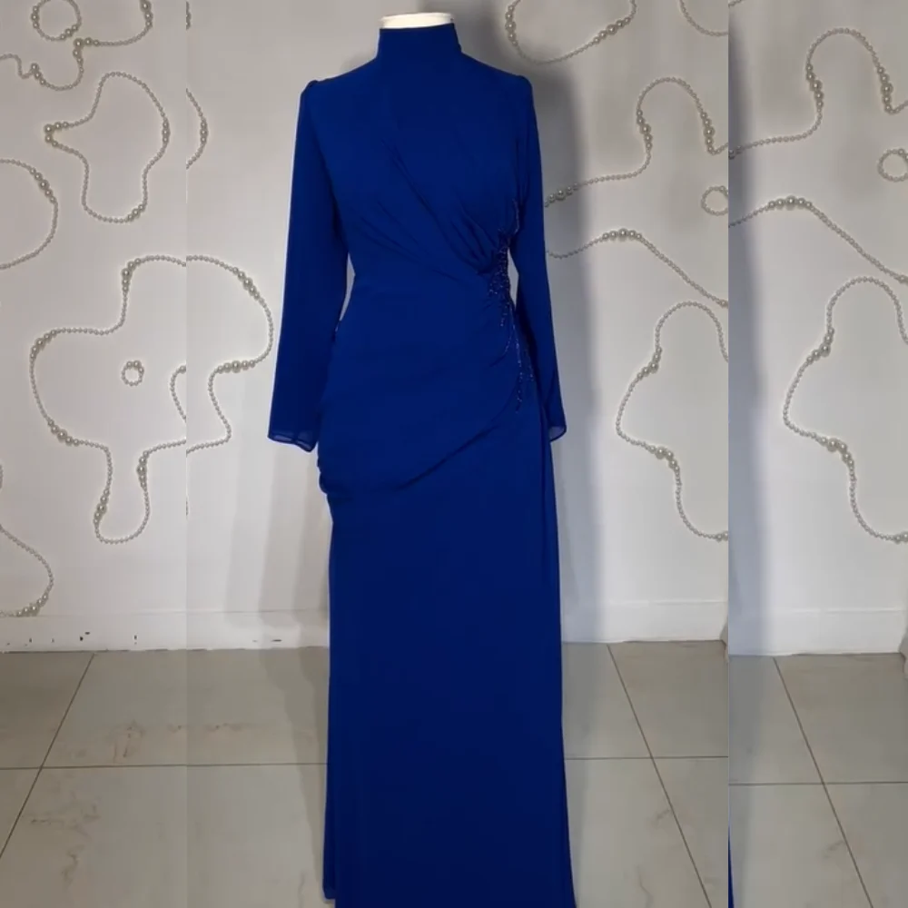 

Customized High Quality Chiffon Pleat Straight High Collar Long Dresses Bespoke Occasion Exquisite Matching