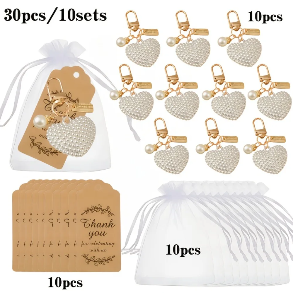 Juego de 30 Piezas/10 Conjuntos de Llaveros con Forma de Corazón de Perlas de Imitación, Llaveros Metálicos con Dijes de Amor, con Tarjetas y Bolsas de Regalo, Recuerdos para Fiestas de Boda para Mujeres