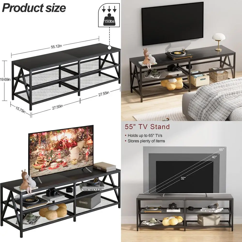 

65 TV Stand, 55 Long Industrial Console with 3-Tier Shelves, Entertainment Center for Home (Black)