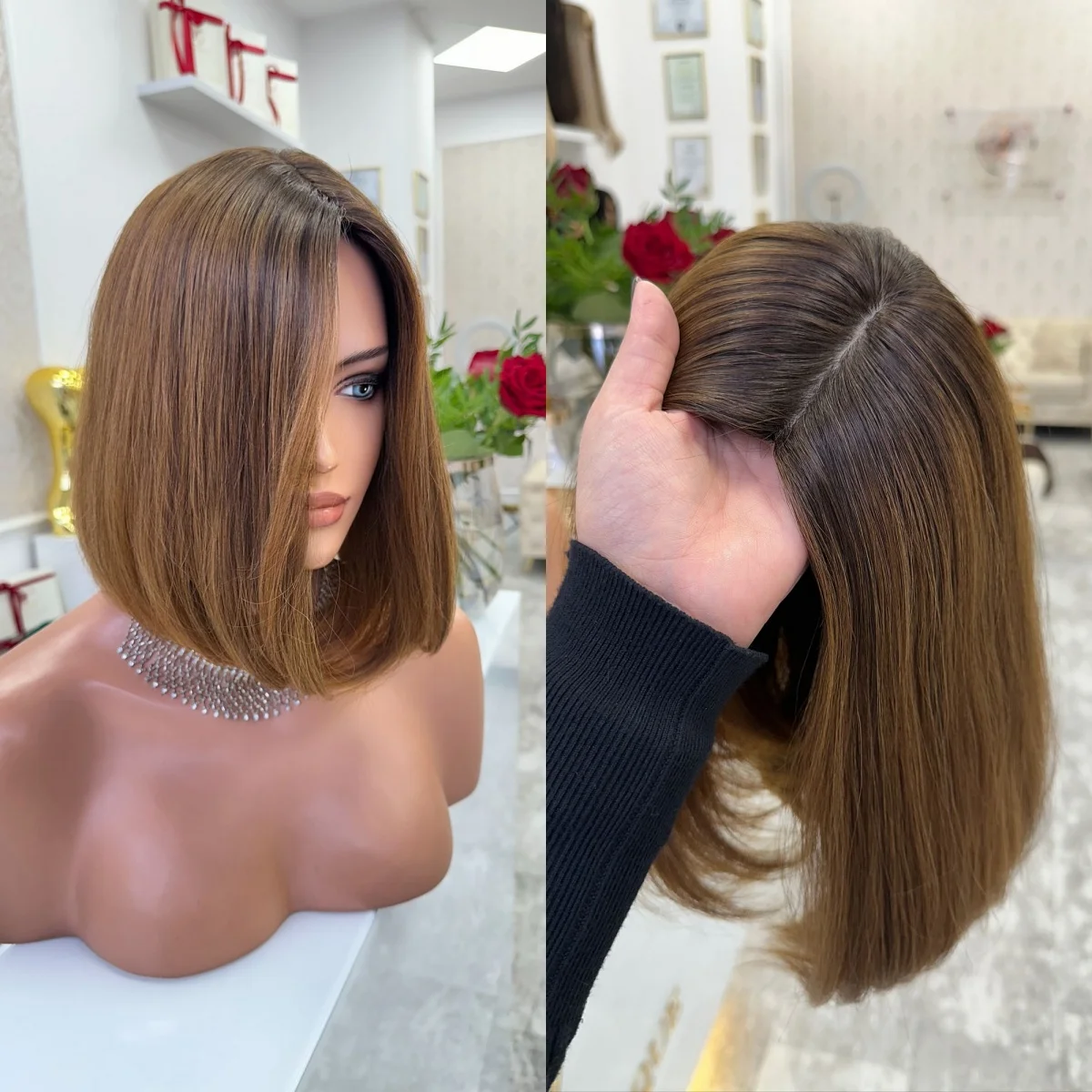 

Боб Натуральные Прямые Парики Высокое Качество Ombre Шоколадно-Коричневый Парики Из Термостойкого Волокна Корни Теней Готов к Ношению Реалистичные Парики