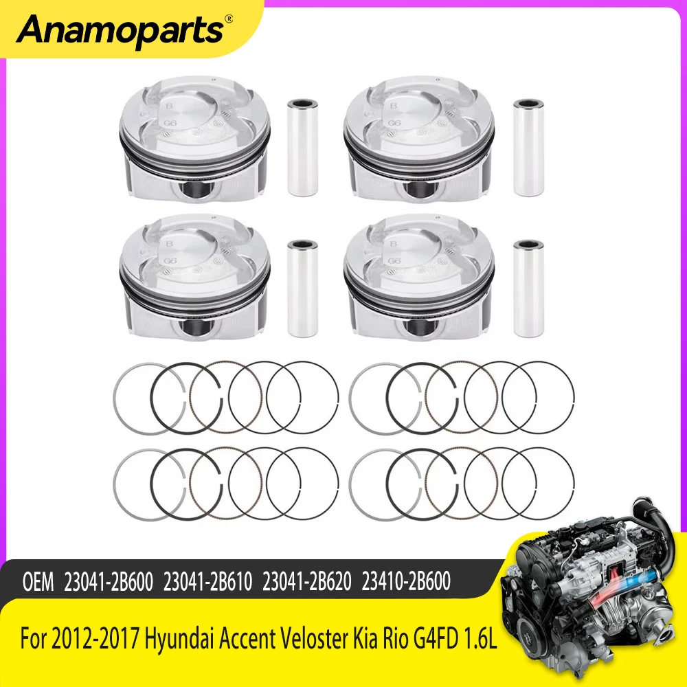 4x Piston & Rings Kit For 2012-2017 Hyundai Accent Veloster Kia Rio G4FD 1.6L DOHC