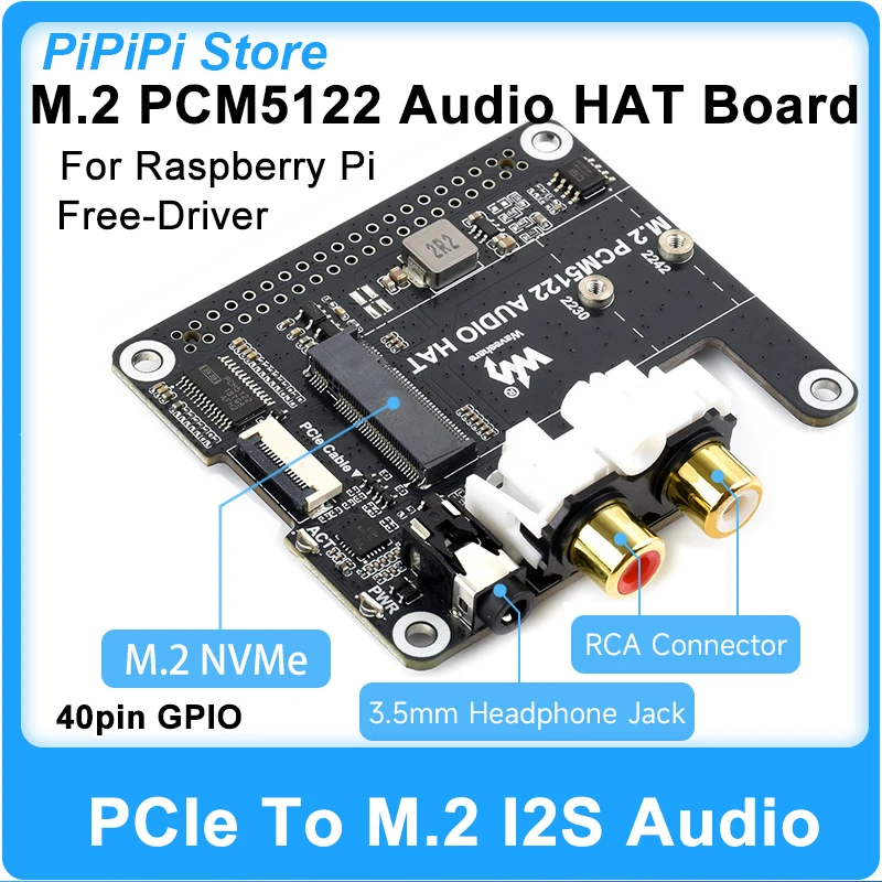 Raspberry Pi 5 PCIe to M.2 NVMe SSD HAT with PCM5122 I2S DAC Audio 384KHz 32Bit 3.5mm RCA 2230 2242 Gen2 Boot for RPi 5 Pi5