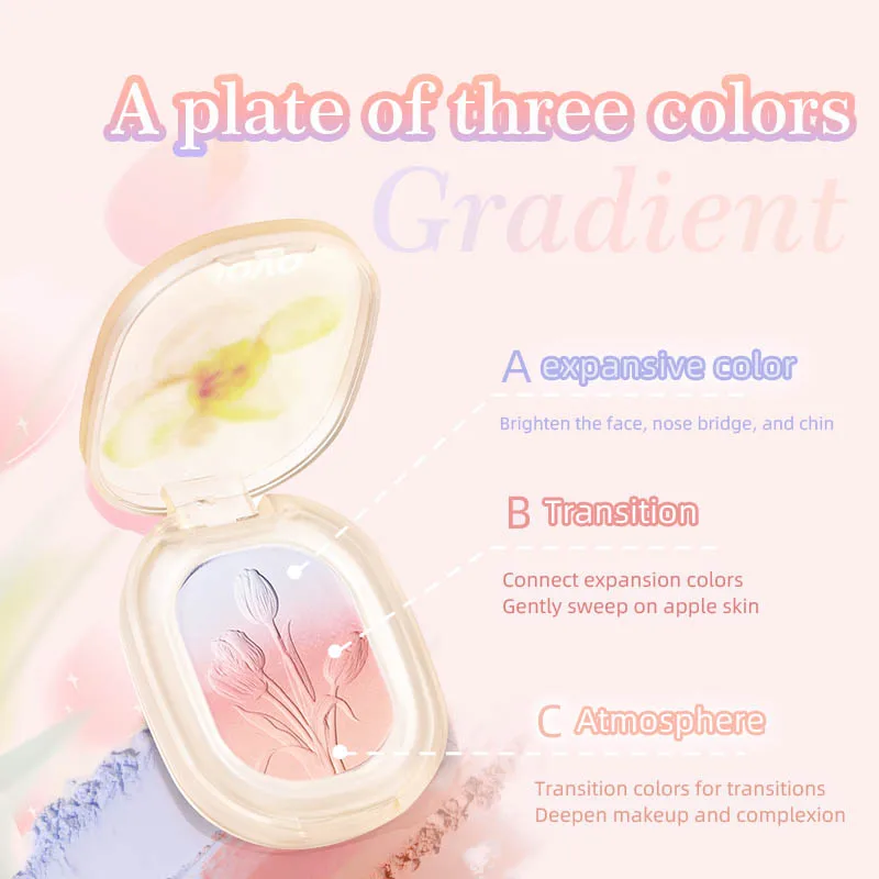 Blush gradiente multicolorido, paleta de blush vibrante, cores leves e misturáveis, três cores estão disponíveis, cosméticos faciais