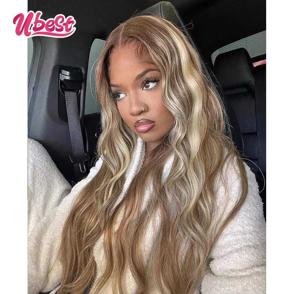 

Highlights Brown Colored Body Wave 13x6 Lace Front Wigs Brazilian 100％ Human Hair Transparent Glueless Wig Pre Plucked For Women