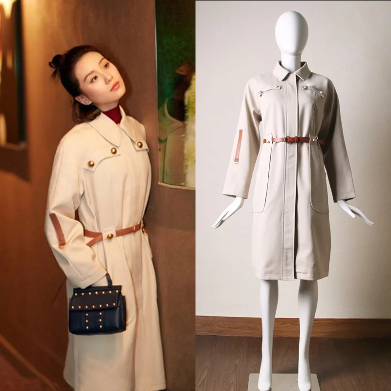 2025 Autumn New Apricot English Style Loose Temperament Mid Length Windbreaker Women's Coat Belt Trench Coat