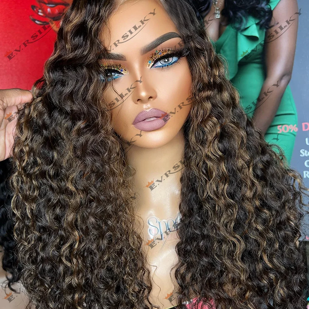 Highlights Golden Blonde V Part 100% Human Hair Wigs Deep Curly Middle /Side Remy Indian Hair Jerry Curl Cheap Full U Shape Wig image 6