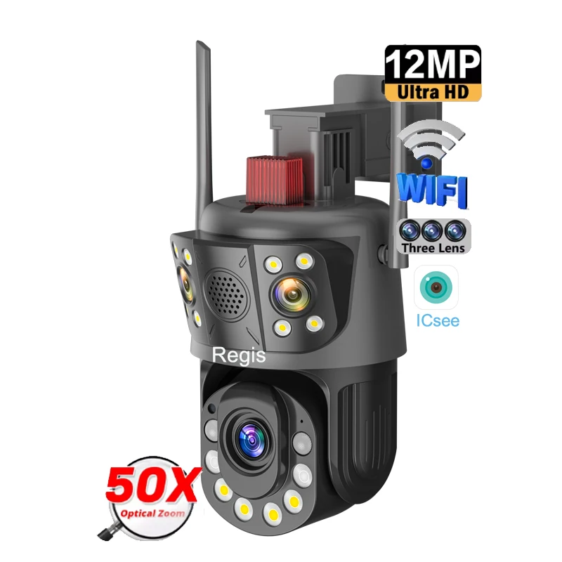 

Icsee Outdoor Security CCTV Camera 12MP 4G WIFI 50X Zoom Ptz 3 Lens 3 Screen Night Vision Memory Card 4G Sim Card