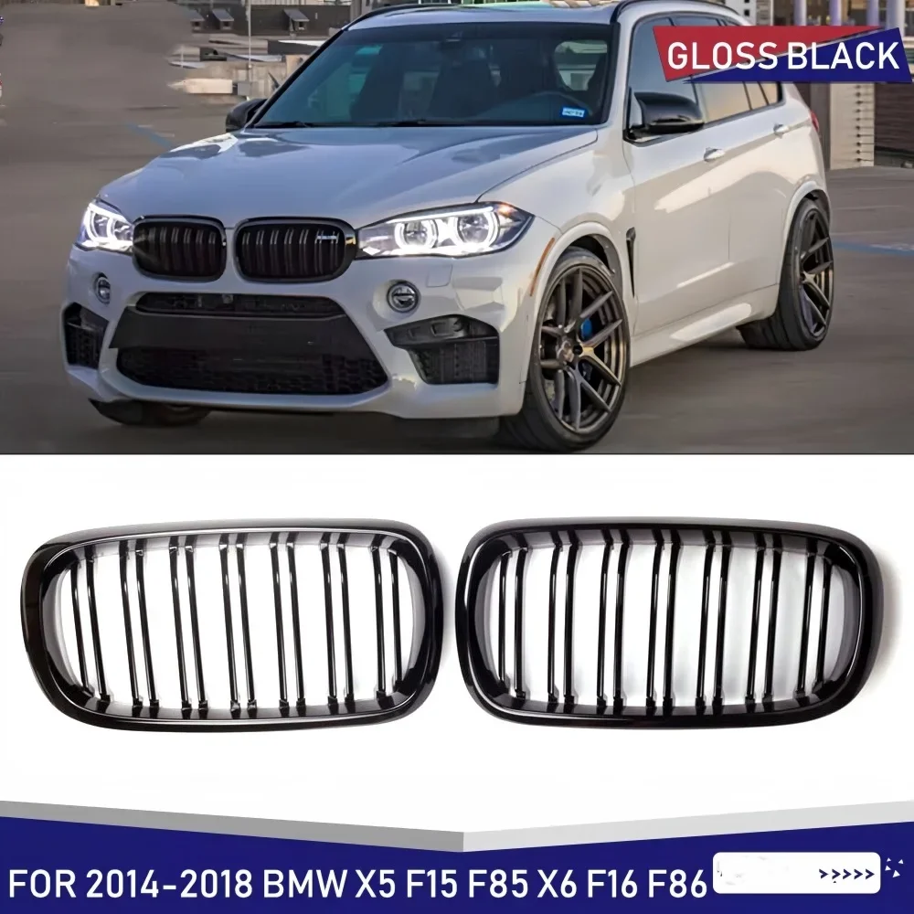 

1 Pair For BMW F15 F16 X5 X6 F85 F86 2014-2018 Front Bumper Kidney Racing Grille Glossy Black Car Double Slat Grill