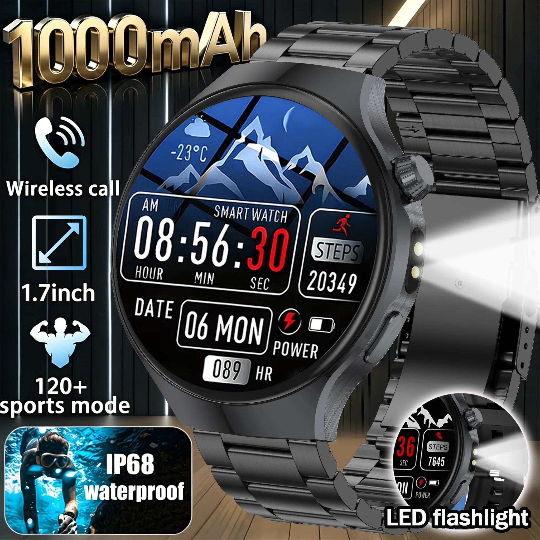 2026 New Model Outdoor 1000 Mah Smartwatch 1.7-inch HD Screen Wireless Call LED Flashlight 120+ Sports Modes Music Control
