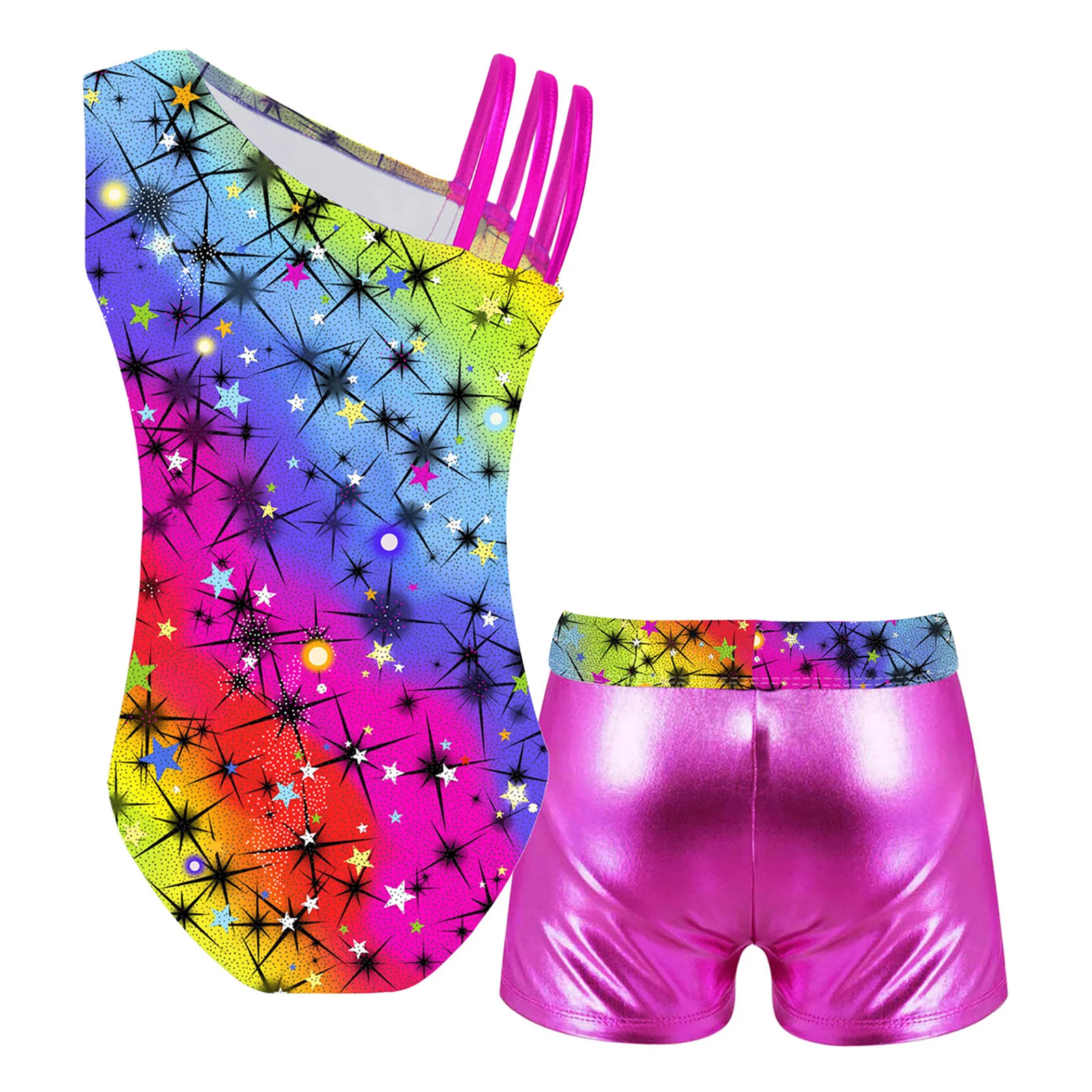 Kids Girls Gymnastics Leotards Sparkly Dance Tumbling Bodysuits Matching Shorts Outfit Athletic Unitards Biketards Activewear