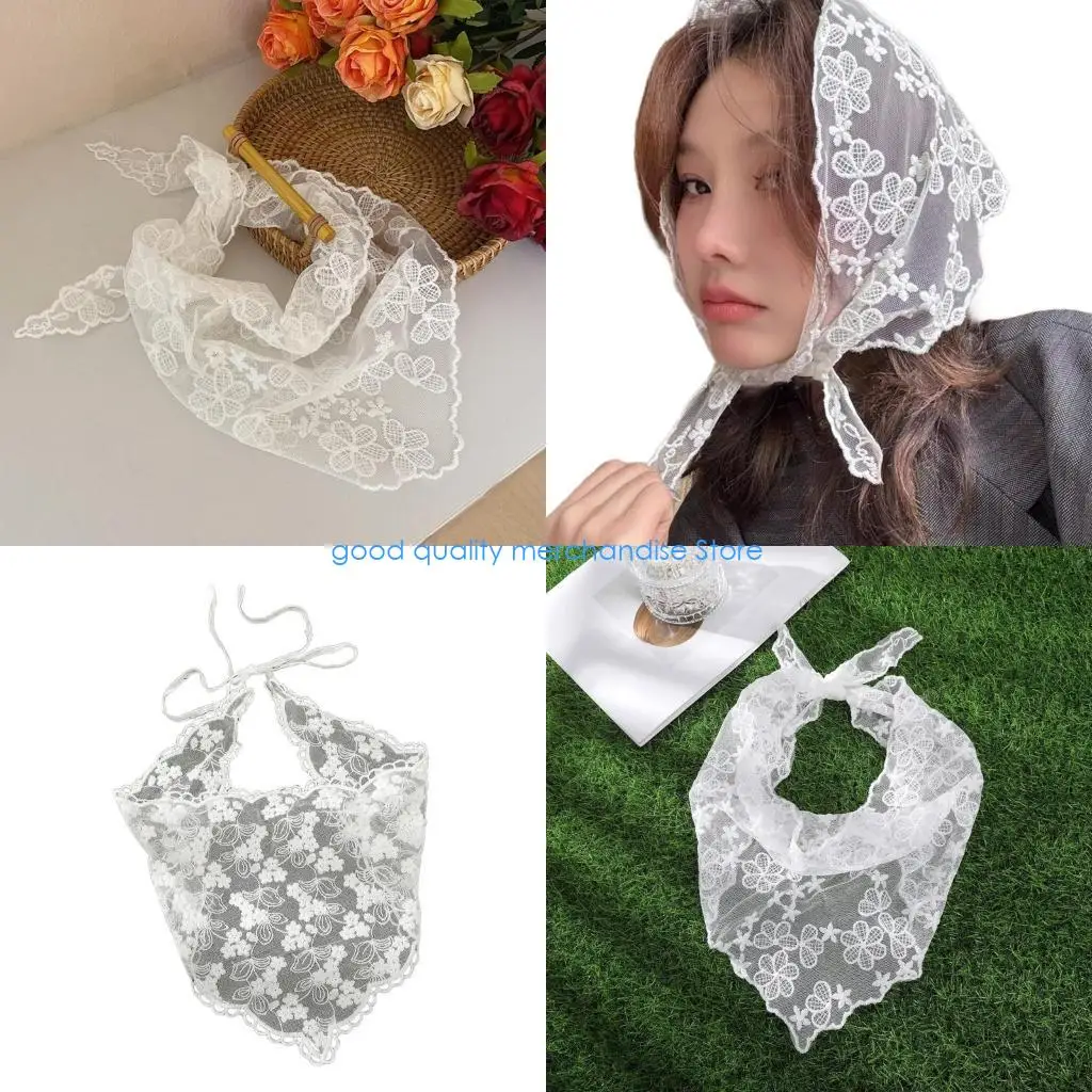 

Y5JD Кружевная бандана для девочек-подростков, прозрачные платки для волос с завязками на спине, белый цвет, дышащие тюрбаны для