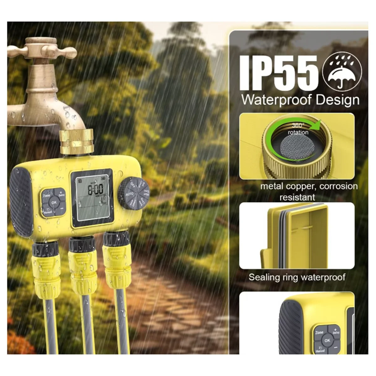 A002 Temporizador de agua automático de 3 salidas Sistema de riego de jardín Herramientas de programador de aspersores de Control