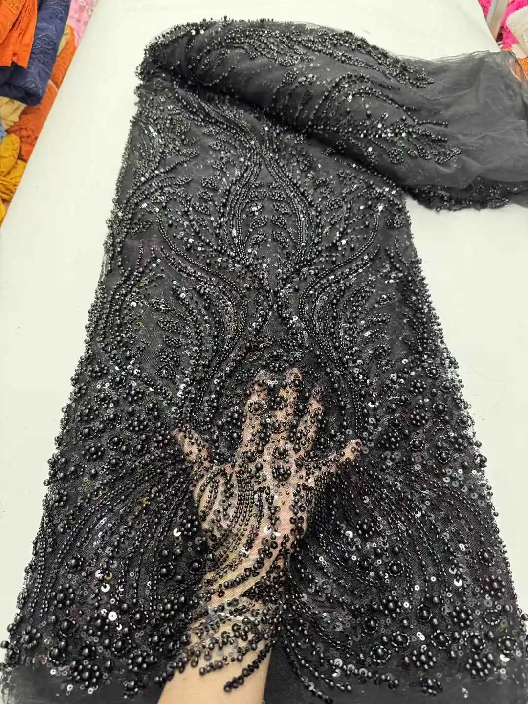 

France High-End Luxury Elegant Handmade Beaded Lace Fabric Nigerian With Sequins Beads Mesh Lace Fabric For Wedding Dress