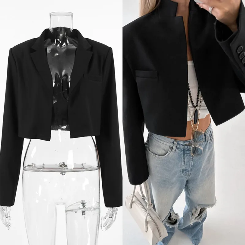 

Black Cropped Blazer Jacket Women’s Autumn Long Sleeve Stand Collar Short Elegant Office Work Top Outerwear Casual Fashion Top