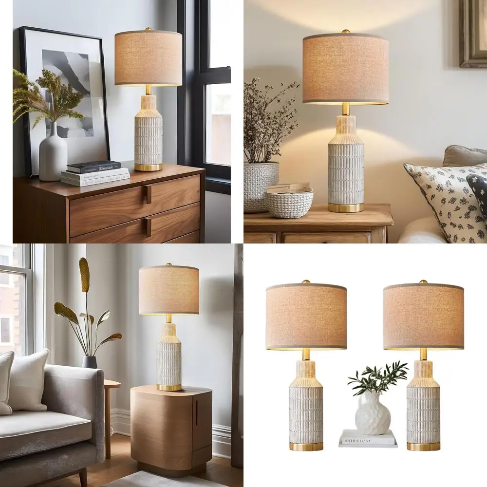 

Pair of 25 Modern White Ceramic Bedside Lamps for Living Room and Bedroom Nightstands