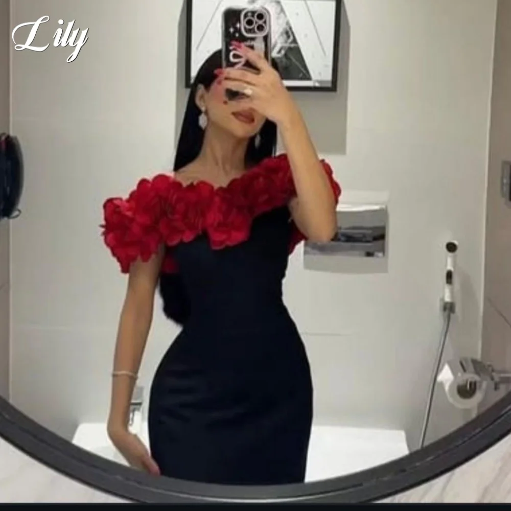 فستان سهرة أسود من الساتان قبالة الكتف فساتين السهرة البوق الطيات الساتان ثلاثية الأبعاد الزهور فستان الحفلات حسب الطلب