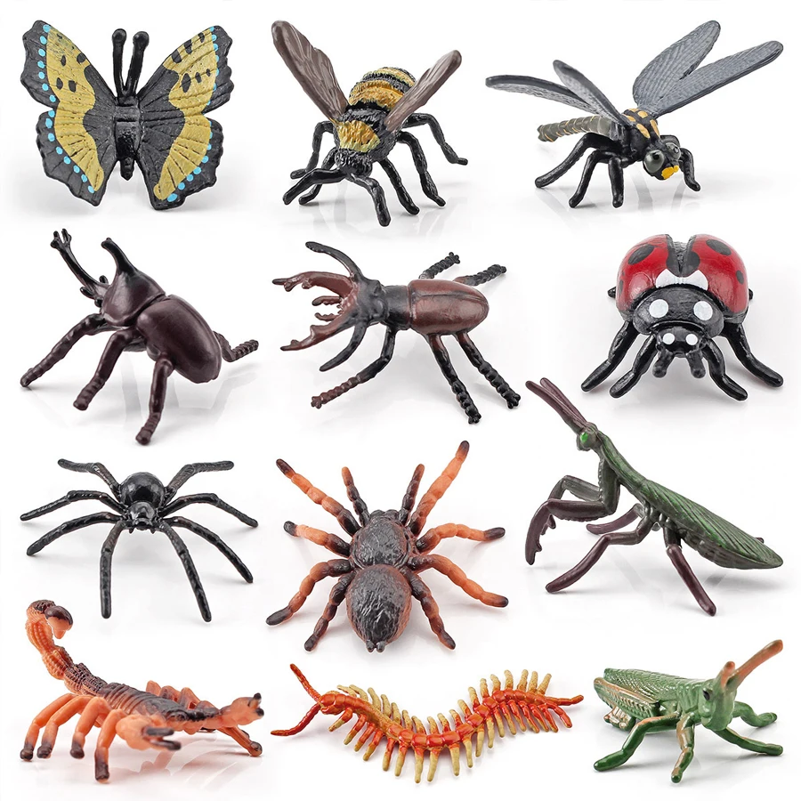 12pcs Realistic Insects Model Figure Toys Bee Beetle Mantis Spider Ladybug Butterfly Scorpion Party Favor School Project Gift