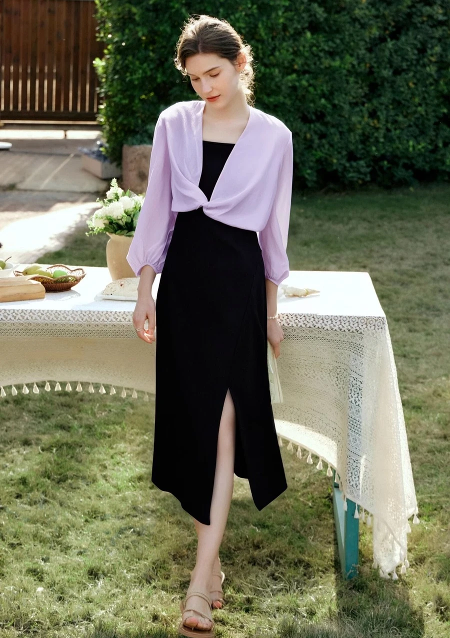 

OLrain Woman 2 Piece Elegant Outfits 2025 Purple Blouse Black Dress 2025 French Fashion Lady Two Piece Dress Sets O57XE98611