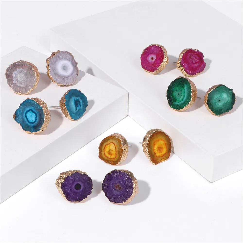 Natural Stone Druse Ear Studs Quartzs Agates Crystal Cluster Stud Earring Mineral Ear Stud Mediation Yoga Jewelry Gift For Women