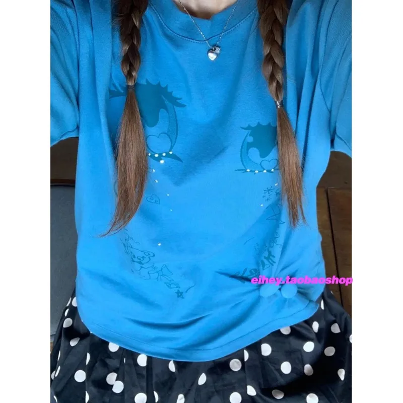 Japanese Cute Cry Girl Printed Long-sleeved T-shirt Women 2025 Autumn New O-neck Buttons Pleated Loose Casual Tops