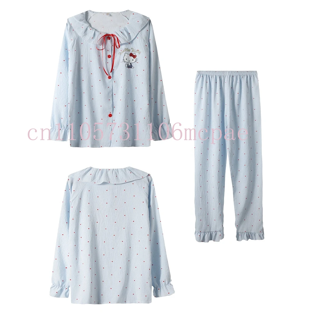 Cozy Big Size Pajama Set for Women Ruffle Long Sleeve Top with Bow and Pants Cute Loungewear LoosePijama Hello Kitty Mujer 5XL